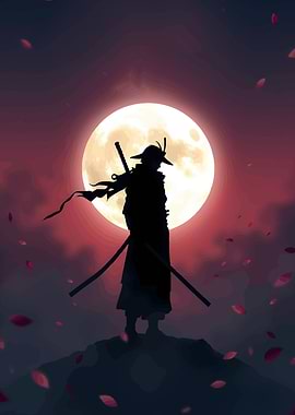 Silhouette of a Samurai Under the Moon