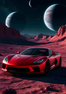 Red Sports Car on Alien Planet