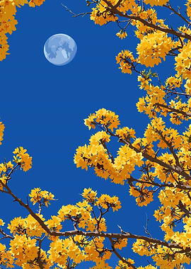 Yellow Flowers and Moon Against Blue
