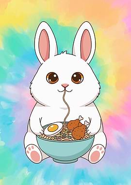 Cute Bunny Eating Ramen Illustration