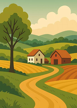 Cartoon Farm Landscape with Buildings