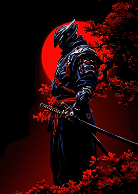 Cyberpunk Samurai with Red Moon