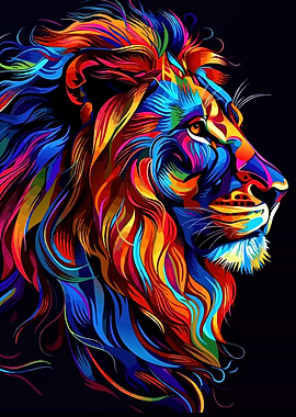 Colorful Lion Portrait on Black Background