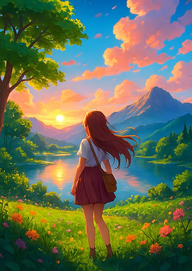 Anime Girl at Sunset Landscape