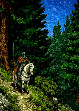 Pixel Art Knight on Horseback in Forest
