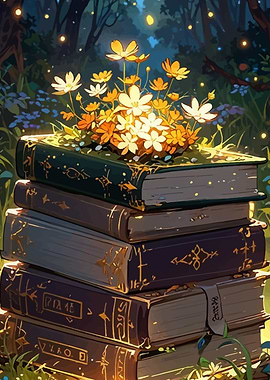 Stack of Books with Flowers