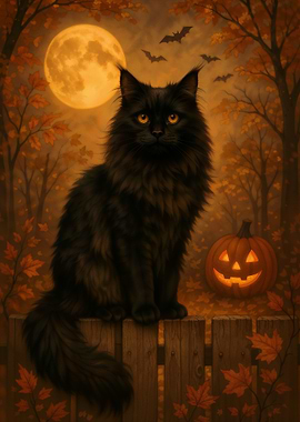 Black Cat and Pumpkin Halloween Night