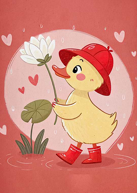 Cute Duckling in Rain with Flower