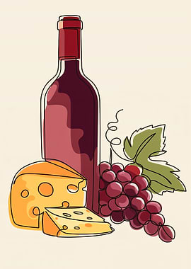 Wine, Cheese, and Grapes Illustration