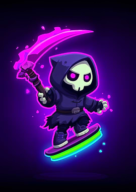 Cartoon Grim Reaper on Skateboard