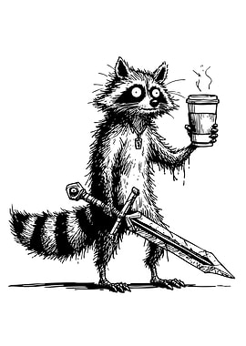 Raccoon Warrior with Coffee and Sword