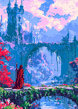 Pixel Art Fantasy Landscape with Figure
