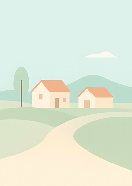 Minimalist Rural Landscape with Houses