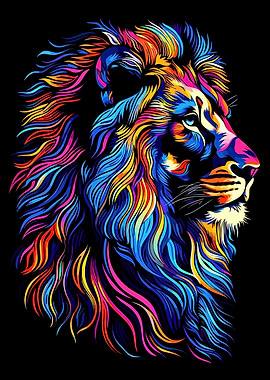 Colorful Lion Portrait on Black Background
