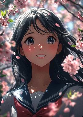 Anime Girl in Cherry Blossom Setting