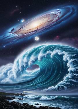 Cosmic Ocean Wave and Galaxy Night Sky