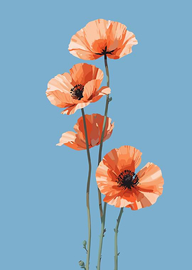 Orange Poppies on Blue Background