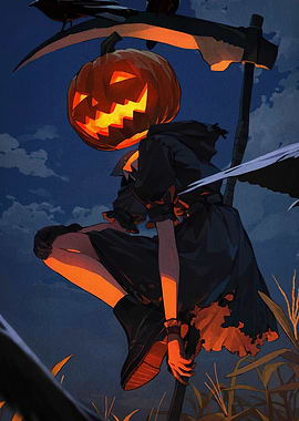 Pumpkin-headed figure with scythe in field