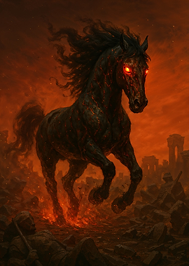 Fiery Horse in a War-Torn Landscape