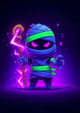 Cartoon Mummy Wizard with Lightning Staff