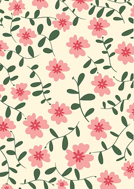 Floral Pattern with Pink Flowers and Vines