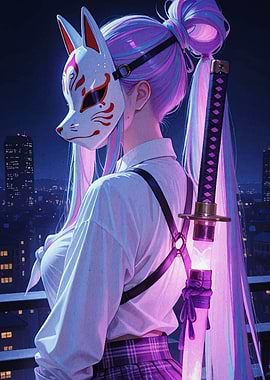 Anime Girl with Fox Mask and Katana