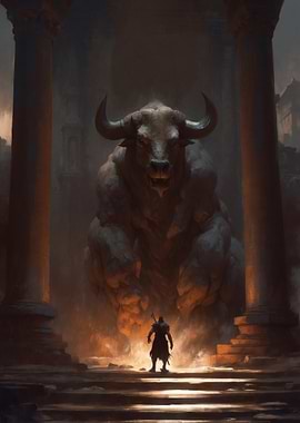 Minotaur Confrontation in Ancient Ruins