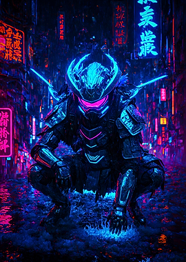 Urban Samurai in Neon Cityscape
