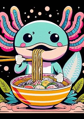 Axolotl eating ramen cartoon illustration