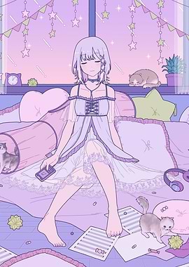 Pastel Dreamscape with Girl and Cats