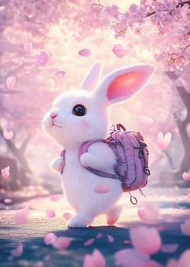 Cute Bunny with Backpack in Cherry Blossom
