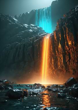 Neon Falls — Turquoise and Molten Orange Waterfalls in a Surreal Canyon