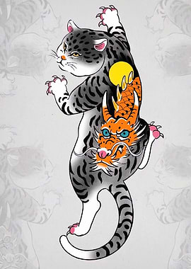 Cat and Dragon Tattoo Style Art