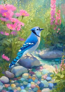 Blue Jay in Floral Landscape Painting