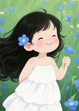 Girl Blue Flowers Meadow