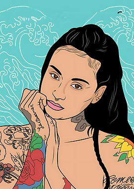 Kehlani Portrait with Tattoos and Waves