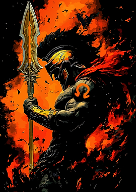 Warrior with Spear in Fiery Ambiance