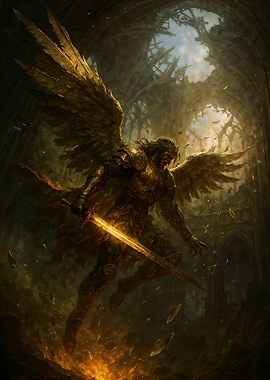 Winged Warrior with Sword in Ruins
