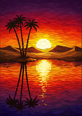 Stained Glass Sunset with Palm Trees