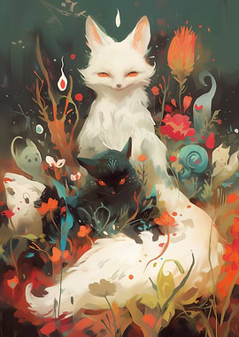 Foxes in a mystical garden