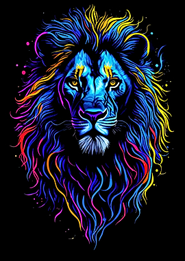 Colorful Lion Portrait on Black Background
