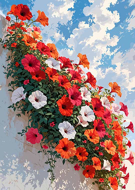 Colorful Petunias Against a Cloudy Sky