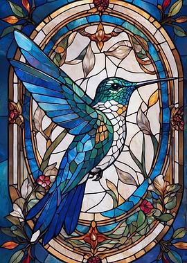 Stained Glass Hummingbird Floral Art