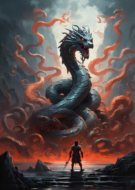 Dragon Confrontation: Fantasy Warrior and Serpent