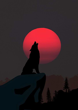 Wolf Howling at Red Moon Silhouette