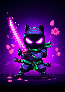 Cartoon Ninja Cat with Glowing Sword