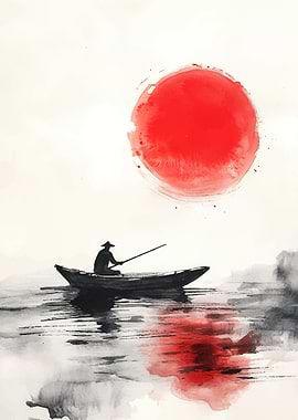 Japanese Ink Painting: Boat and Sun