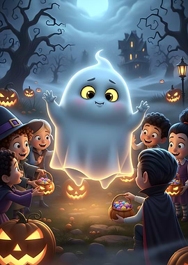 Cute Ghost and Trick or Treaters