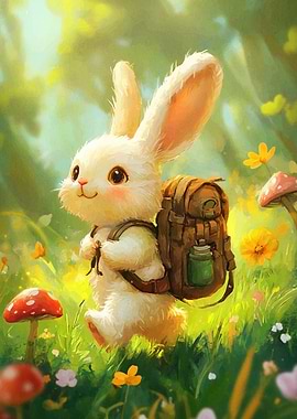Cute Bunny with Backpack in Meadow