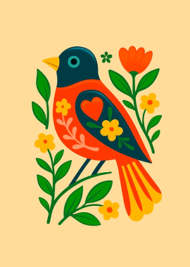 Colorful Bird with Floral Decorations